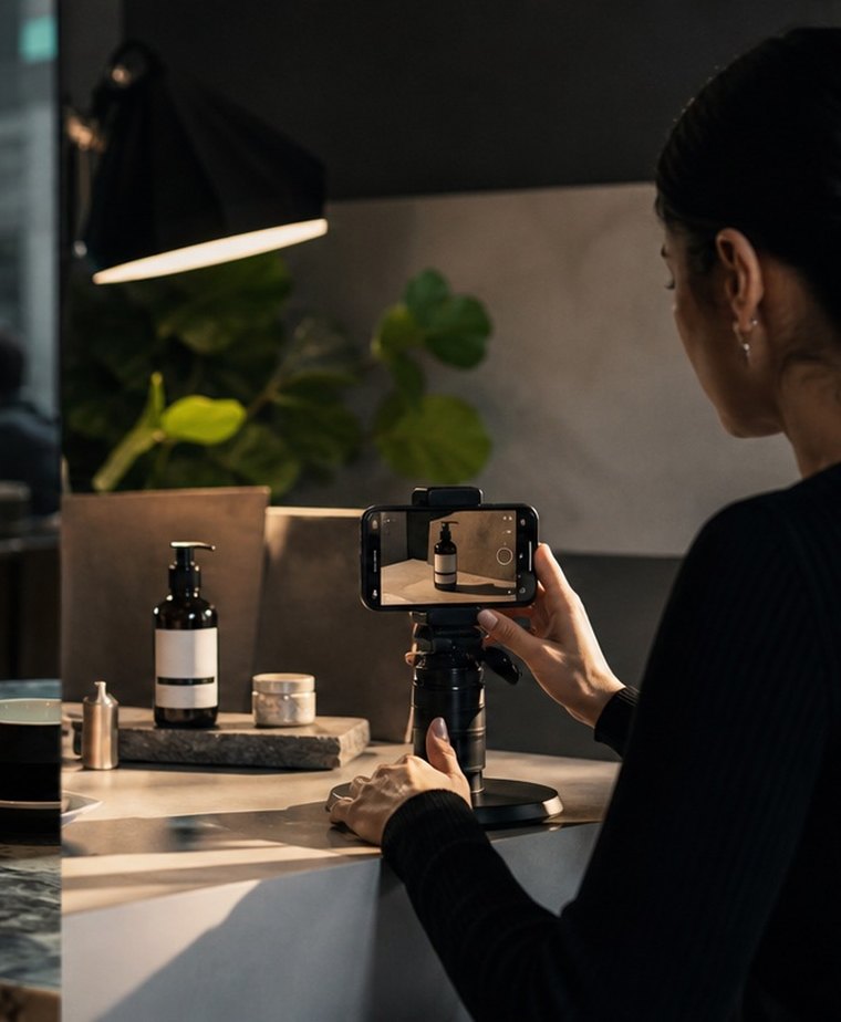 A creator films a product with a phone on a tripod